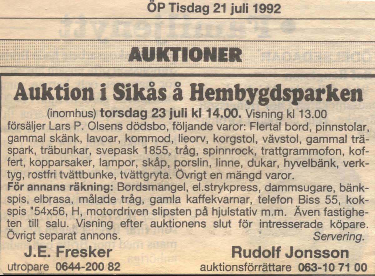 auktion 21 juli 1992